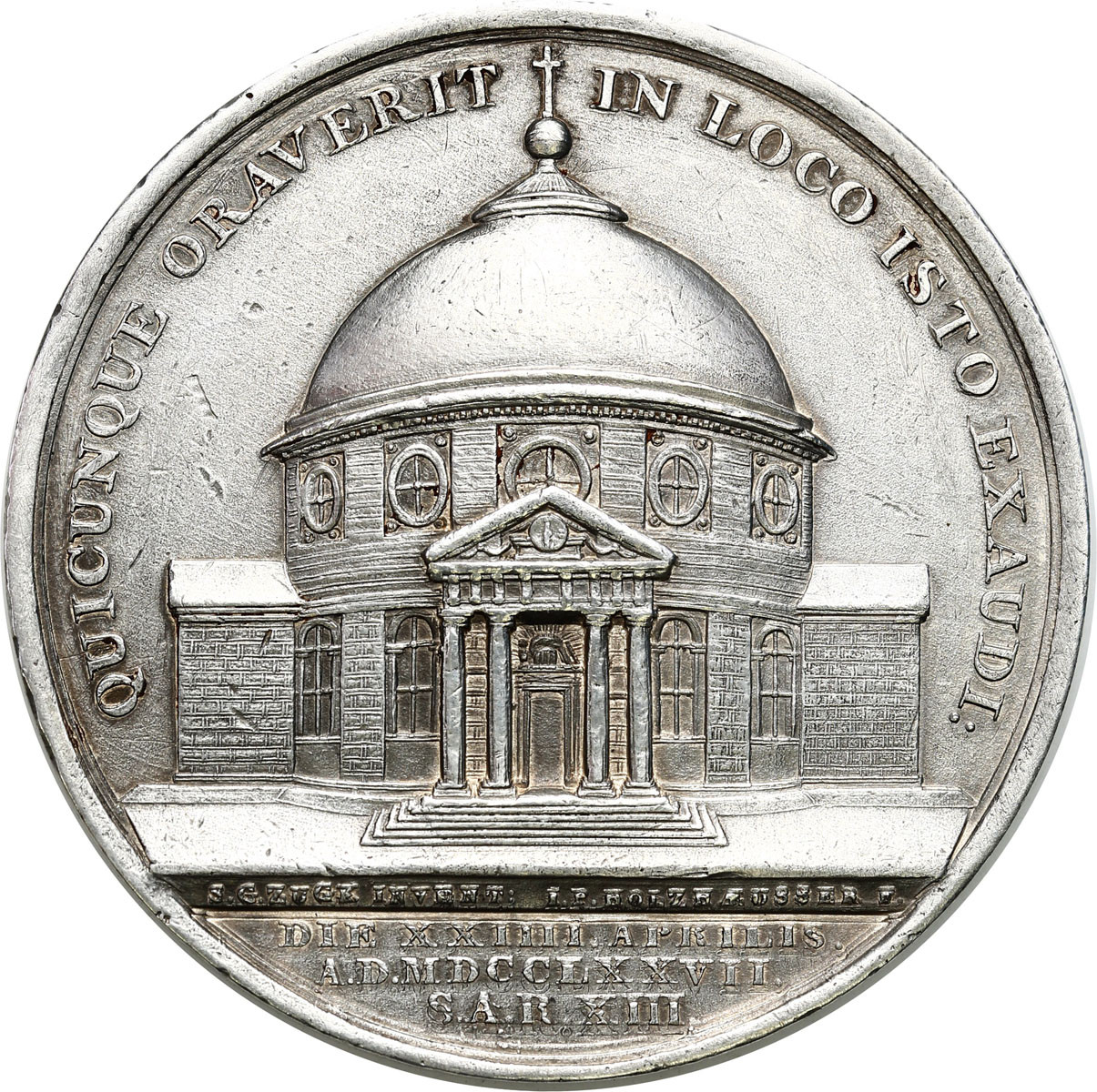 Stanisław August Poniatowski. Medal 1777/78, budowa kościoła ewangelicko-augsburskiego w Warszawie, Holzhaeusser, srebro